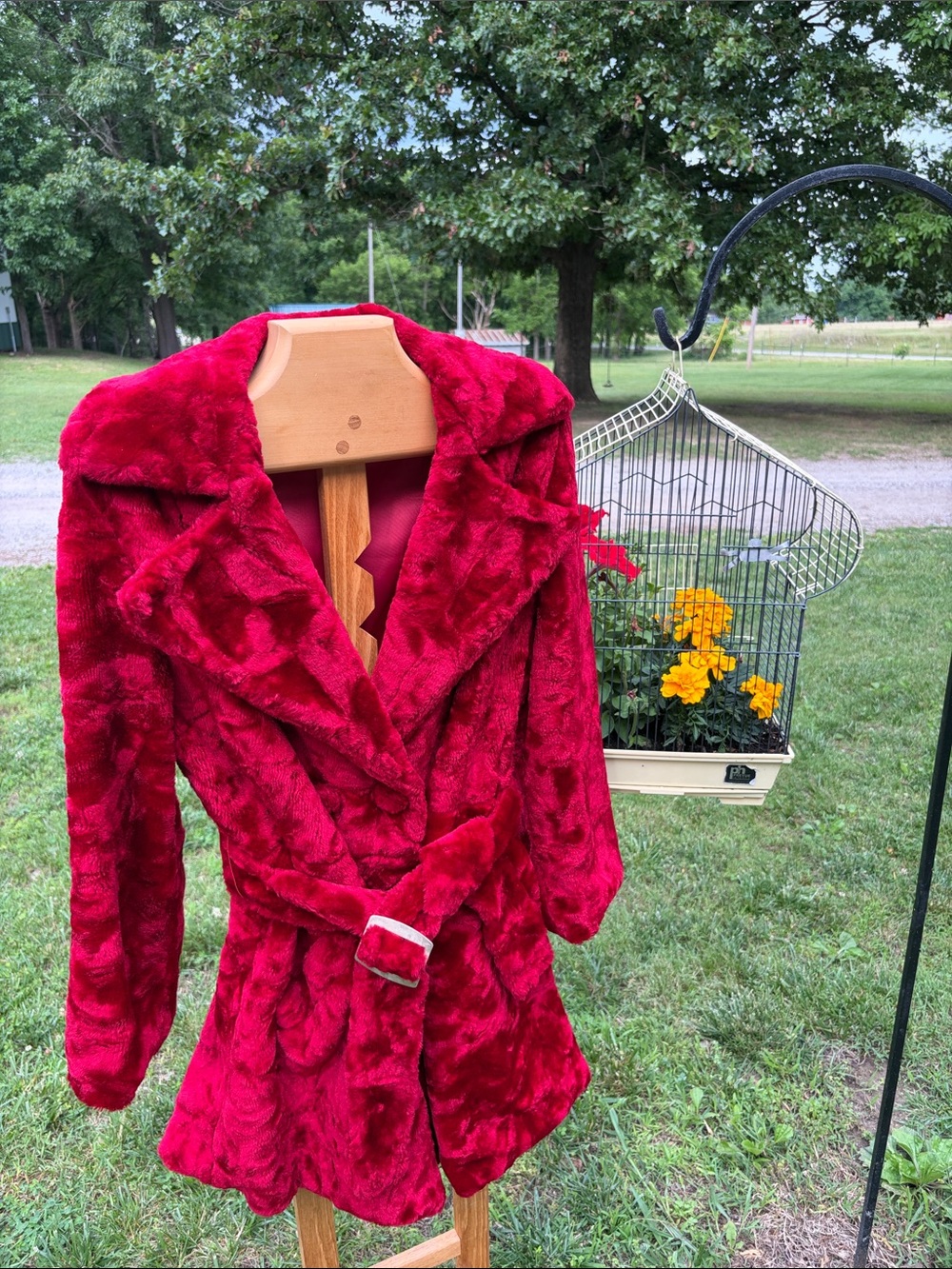 1960s Plush Red Faux-Fur Belted Coat Double Breasted with brass buckle
